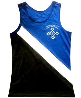 The Kingston & Poly vest: half blue, half black, split by a white diagonal stripe
